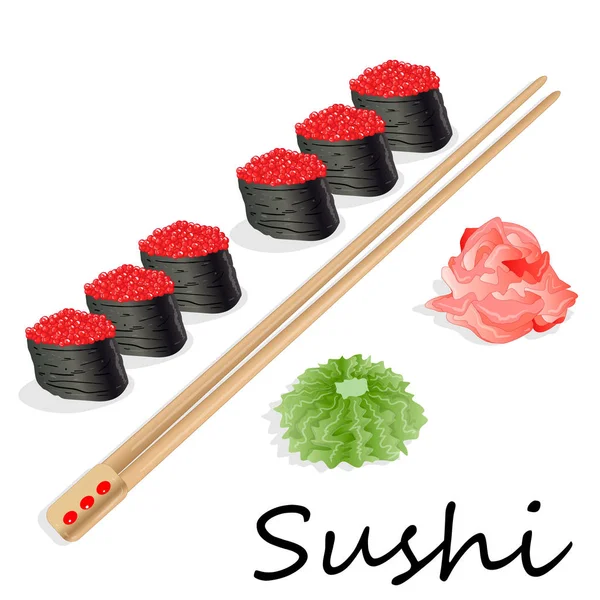 Ilustración de sushi en rollo con salmón, gambas, aguacate, nata — Archivo Imágenes Vectoriales