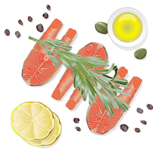 Fillet salmon mentah dengan herbal di latar belakang putih. Vektor illust — Stok Foto