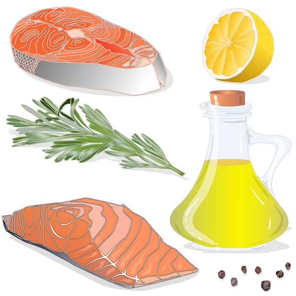 Raw salmon fillets with herbs on white background. Vector illust — Stock Photo, Image