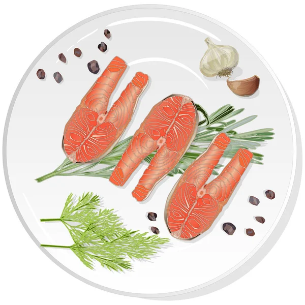 Filetes de salmón crudo con hierbas en el plato. Fondo blanco. Ve. — Foto de Stock