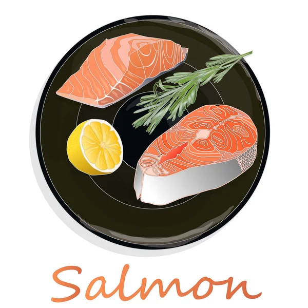 Filetes de salmón crudo con hierbas en el plato. Fondo blanco. Ve. —  Fotos de Stock