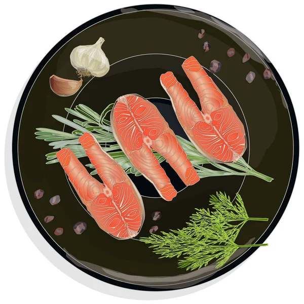 Raw salmon fillets with herbs on the plate. White background. Ve — Stock Photo, Image