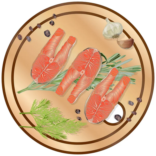 Raw salmon fillets with herbs on wooden dwsk. White background. — Stock Photo, Image