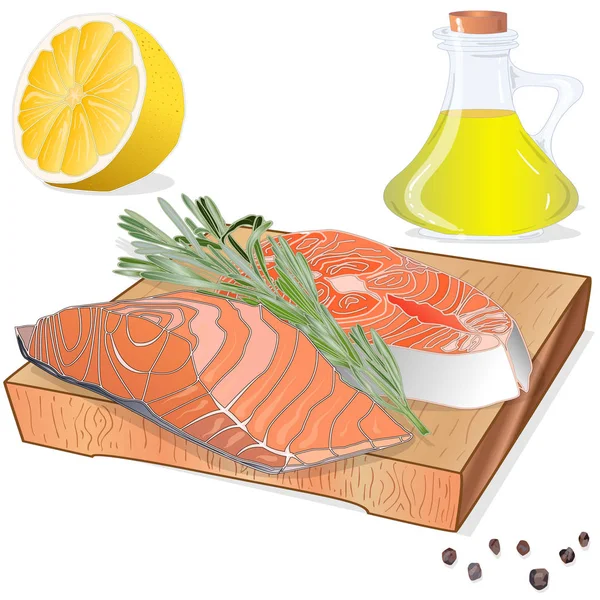 Raw salmon fillets with herbs on wooden dwsk. White background. — Stock Photo, Image