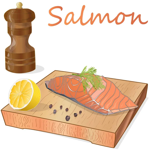 Raw salmon fillets with herbs on wooden dwsk. White background. — Stock Photo, Image