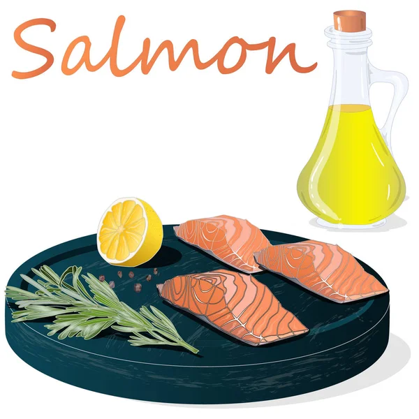 Fillet salmon mentah dengan herbal di meja kayu. Latar belakang putih . — Stok Foto