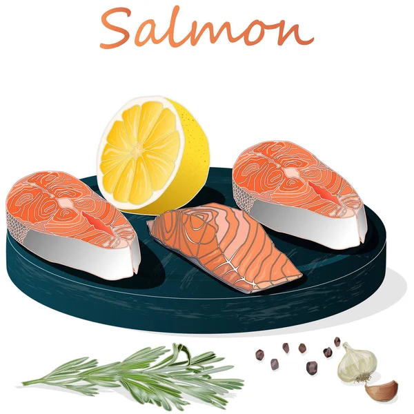 Fillet salmon mentah dengan herbal di meja kayu. Latar belakang putih . — Stok Foto
