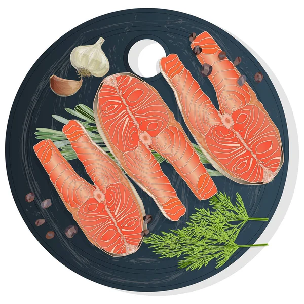 Raw salmon fillets with herbs on wooden desk. White background. — Stock Photo, Image