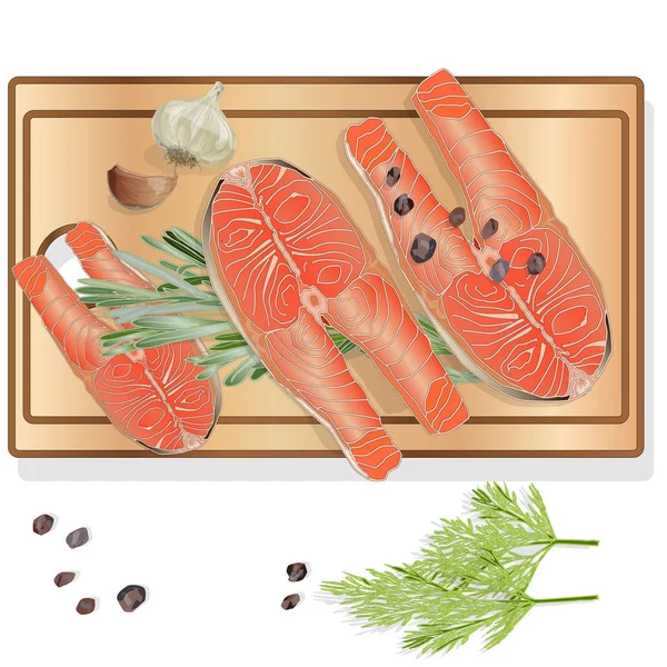 Raw salmon fillets with herbs on wooden desk. White background. — Stock Photo, Image