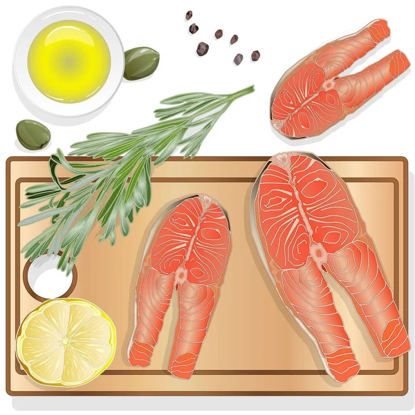 Ahşap masada otlar ile çiğ somon fileto. Beyaz arka plan. — Stok fotoğraf