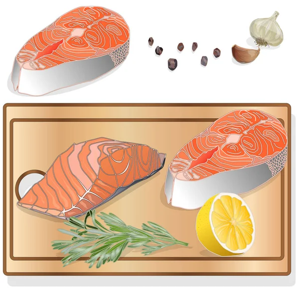 Raw salmon fillets with herbs on wooden desk. White background. — Stock Photo, Image