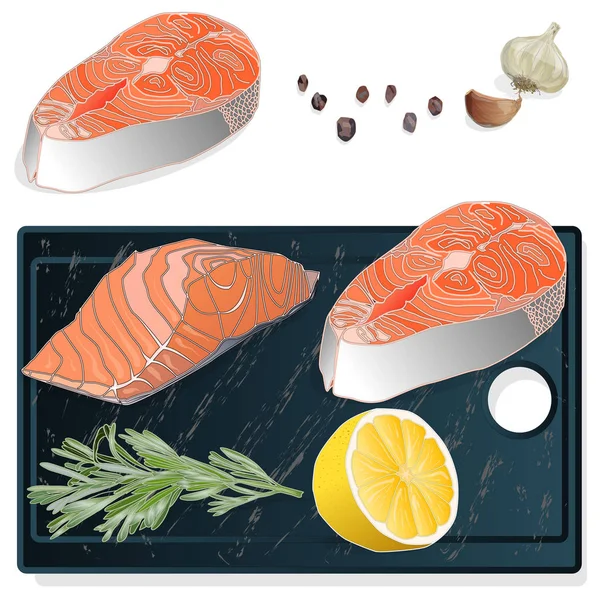 Raw salmon fillets with herbs on wooden desk. White background. — Stock Photo, Image