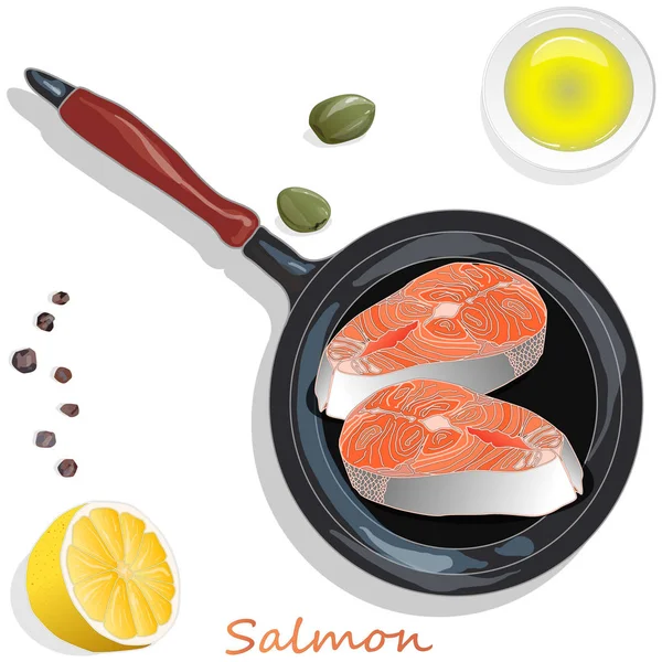 Fillet salmon mentah di panci dengan herbal. Latar belakang putih. Pilih — Stok Foto