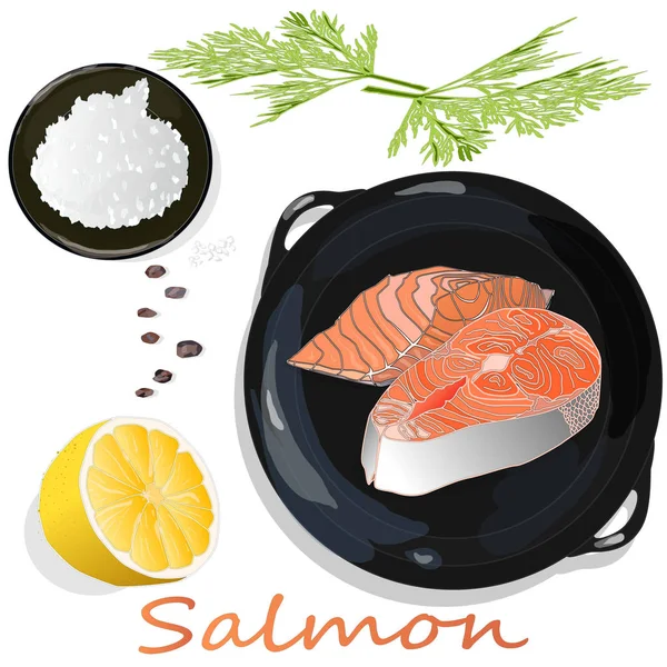 Fillet salmon mentah di panci dengan herbal. Latar belakang putih. Pilih — Stok Foto