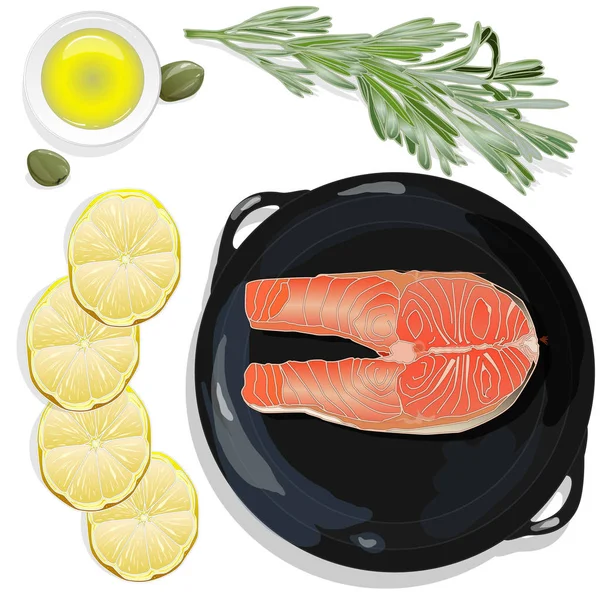 Raw salmon fillets on the pan with herbs. White background. Vect — Stock Photo, Image