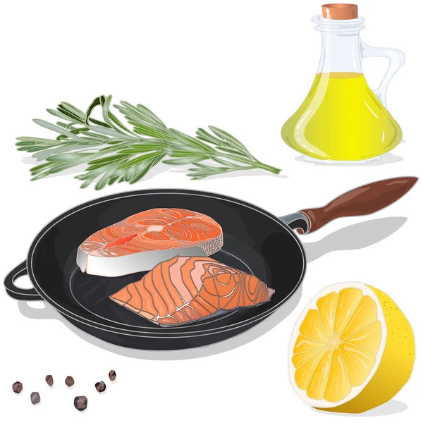 Raw salmon fillets on the pan with herbs. White background. Vect — Stock Photo, Image