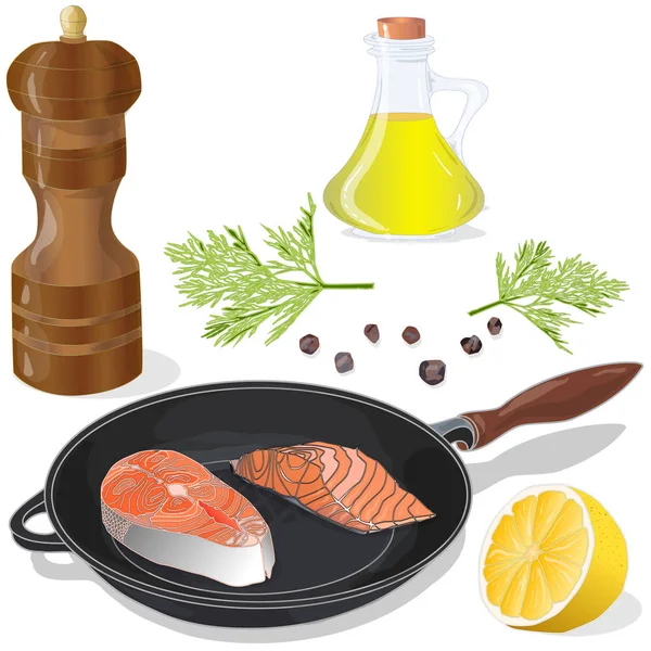 Raw salmon fillets on the pan with herbs. White background. Vect — Stock Photo, Image