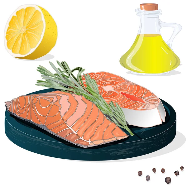 Raw salmon fillets with herbs on wooden desk. White background. — Stock Photo, Image