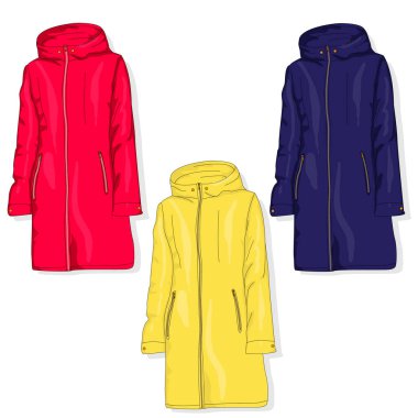 Kadın ceketi çizimi beyaza izole edilmiş. Moda koleksiyonu. Parka vektör resmi.