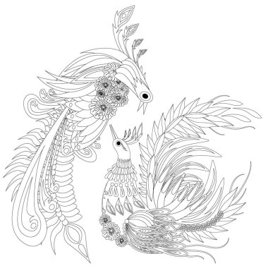 Çiçekler ve kuşlar Ukrayna resim tarzında. Beyaz arkaplanda izole edilmiş vektör