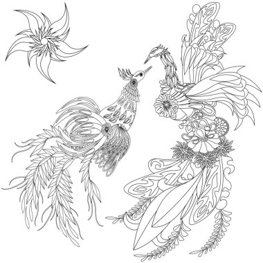 Çiçekler ve kuşlar Ukrayna resim tarzında. Beyaz arkaplanda izole edilmiş vektör