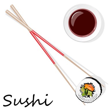 Somon, karides, avokado, krem peynir rulo suşi Illustration. Sushi menüsü. Japon yemekleri üzerine beyaz izole.