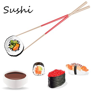 Somon, karides, avokado, krem peynir rulo suşi Illustration. Sushi menüsü. Japon yemekleri üzerine beyaz izole.
