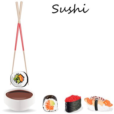 Somon, karides, avokado, krem peynir rulo suşi Illustration. Sushi menüsü. Japon yemekleri üzerine beyaz izole.