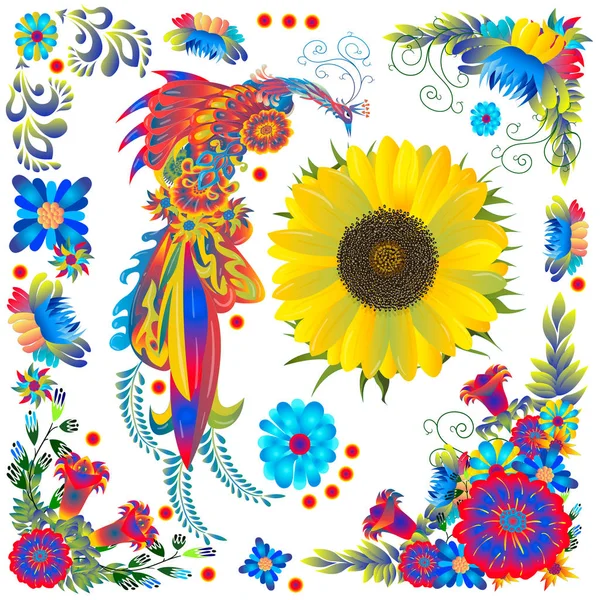 Цветы Птицы Украинском Стиле Живописи Вектор Изолирован Белом Фоне — стоковый вектор