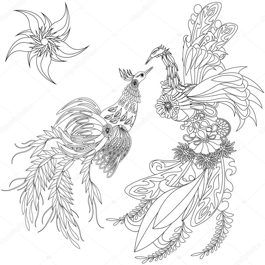 Flowers and birds in Ukrainian painting style. Vector isolated on white background