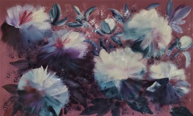 Göz kamaştırıcı, gür, kar beyazı şakayık çiçekleri koyu pembe arka planda yaprakları olan, büyük fırça darbeleriyle yapılmış..