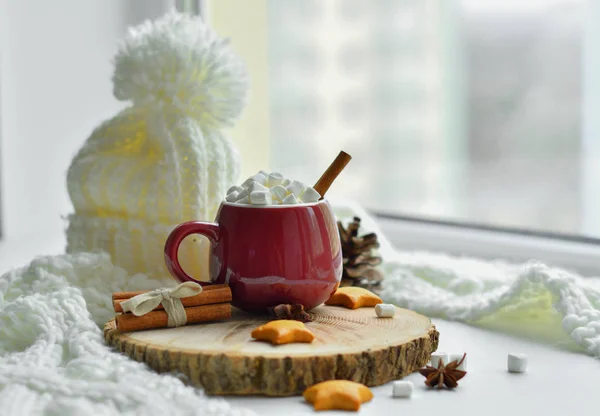 Christmas homemade gingerbread, milk, cocoa, marshmallows, candies on a wooden plate by the window — Stock Photo, Image