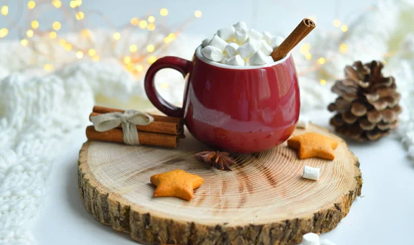 Pain d'épice maison de Noël, lait, cacao, guimauves, bonbons sur une assiette en bois près de la fenêtre.Copier l'espace, mise au point douce — Photo