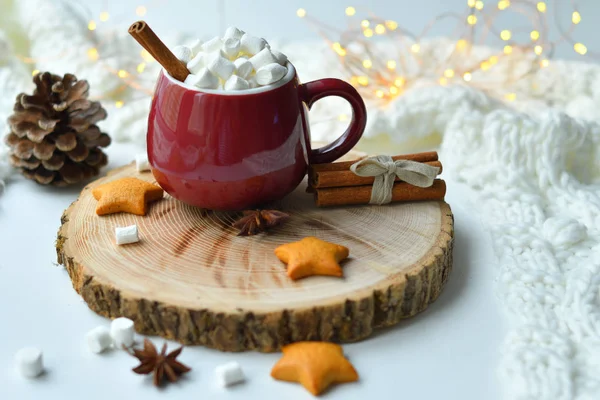 Natal pão de gengibre caseiro, leite, cacau, marshmallows, doces em uma placa de madeira pelo espaço window.copy, foco suave — Fotografia de Stock