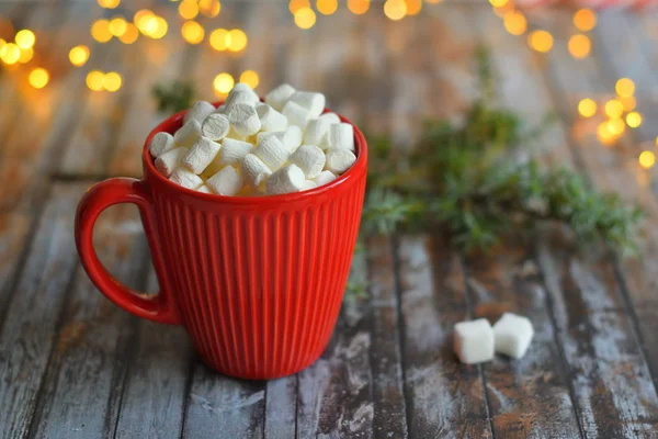 Copo vermelho com chocolate quente e cookies caseiros — Fotografia de Stock