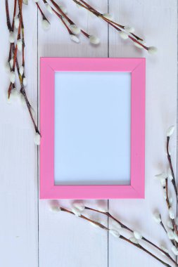  Fotoğraf çerçevesi ve arka planda kedi derisi olan amcık söğüdü dalları. Paskalya Kartı Şablonu