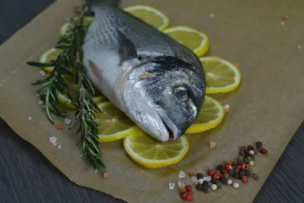 Peixe cru dorada.Filé de peixe cru em fatias de limão no fundo escuro pronto para cozinhar, fundo de comida. vista superior. Conceito de alimentação saudável. Marisco mediterrânico. sargo marinho dourado — Fotografia de Stock