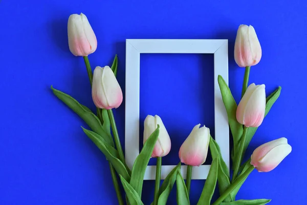 Marco de fotos y flores sobre un fondo azul clasik. tulipán rosa . — Foto de Stock