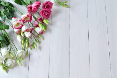 Sevgililer Günü tebrik kartı. Sevgililer Günü için şablon tebrik kartı. Anneler Günü için bahar kartı, Kadınlar Günü. Beyaz ve pembe Eustomas 'lı tebrik kartı. Kopya alanı. 8 Mart