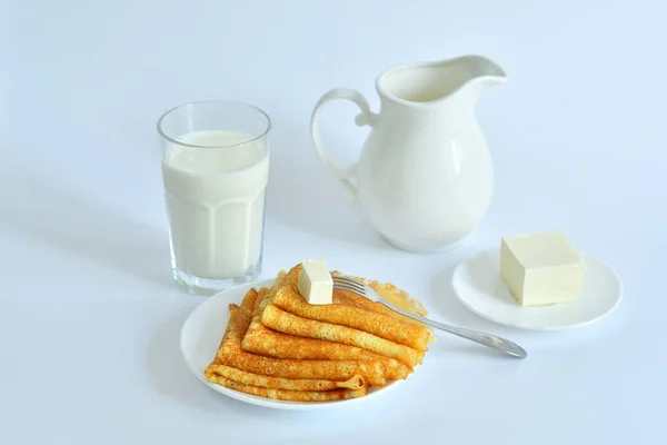 Pancake Week Thin Pancakes Butter Tea White Table French Crepes — 스톡 사진