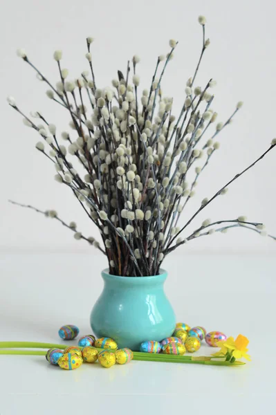 Праздничная Весенняя Композиция Пасхи Кисками Ивовые Ветви Catkins Eggs Easter — стоковое фото