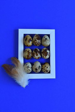 Klasik mavi arka planda fotoğraf çerçevesi ve paskalya bıldırcın yumurtaları. Paskalya Kartı Şablonu. Metnin için alanı ortaya kopyala. Seçici odaklanma. Dikey fotoğraf