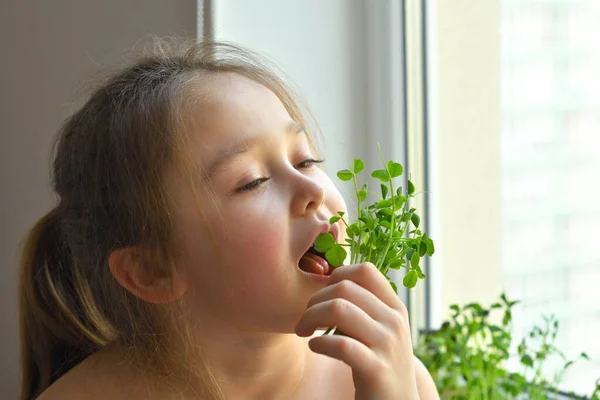 Happy girl eats pea microgreen .vegeterian concept.good appetite. spring avitaminosis.sprout vegetables germinated from high quality organic plant seed on linen mat.superfood.selective focus.