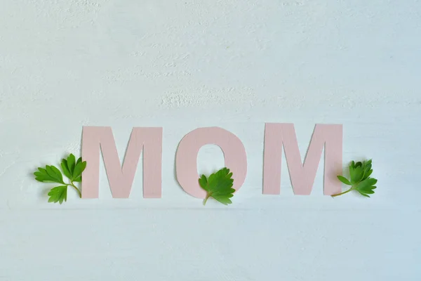 Mom Λέξη Γίνεται Πέταλα Λουλουδιών Και Φύλλα Ημέρα Της Μητέρας — Φωτογραφία Αρχείου