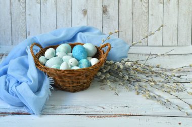 Hasır bir sepette mavi Paskalya yumurtaları ve arka planda söğüt çiçekleri. Doğal olarak mermer taşlı amber çiçeğiyle boyanmış yumurtalar. Eko boya. Mutlu Paskalya kartları. Seçmeli odaklanma..