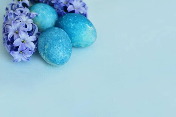 Easter background with blue eggs and spring flowers.. Happy Easter Spring Festive greeting card. Holidays Naturally Eggs painted with hibiscus with marble stone effect. copy space. Selective focus