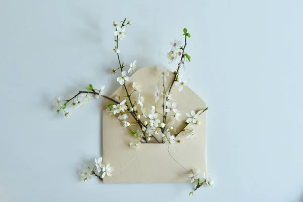 Composição Primavera Com Envelope Verde Twigson Fundo Branco Texto Este — Fotografia de Stock
