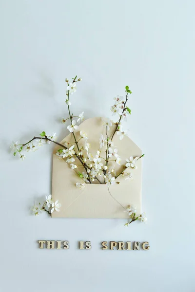 Spring Composition Envelope Green Twigson White Background Text Spring Wooden — Stock Photo, Image