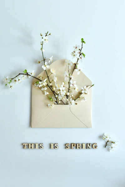 Spring Composition Envelope Green Twigson White Background Text Spring Wooden — Stock Photo, Image