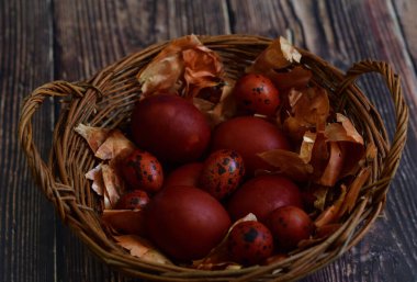 Doğal olarak soğan kabuğu ve sepette bıldırcın tüyü ile boyanmış yumurta. Eko boya. Mutlu Paskalyalar. Düz yatıyordu. Eski çevre dostu yöntem. Tebrik mesajı için alanı kopyala. Alan Seçici Odağı Kopyala.